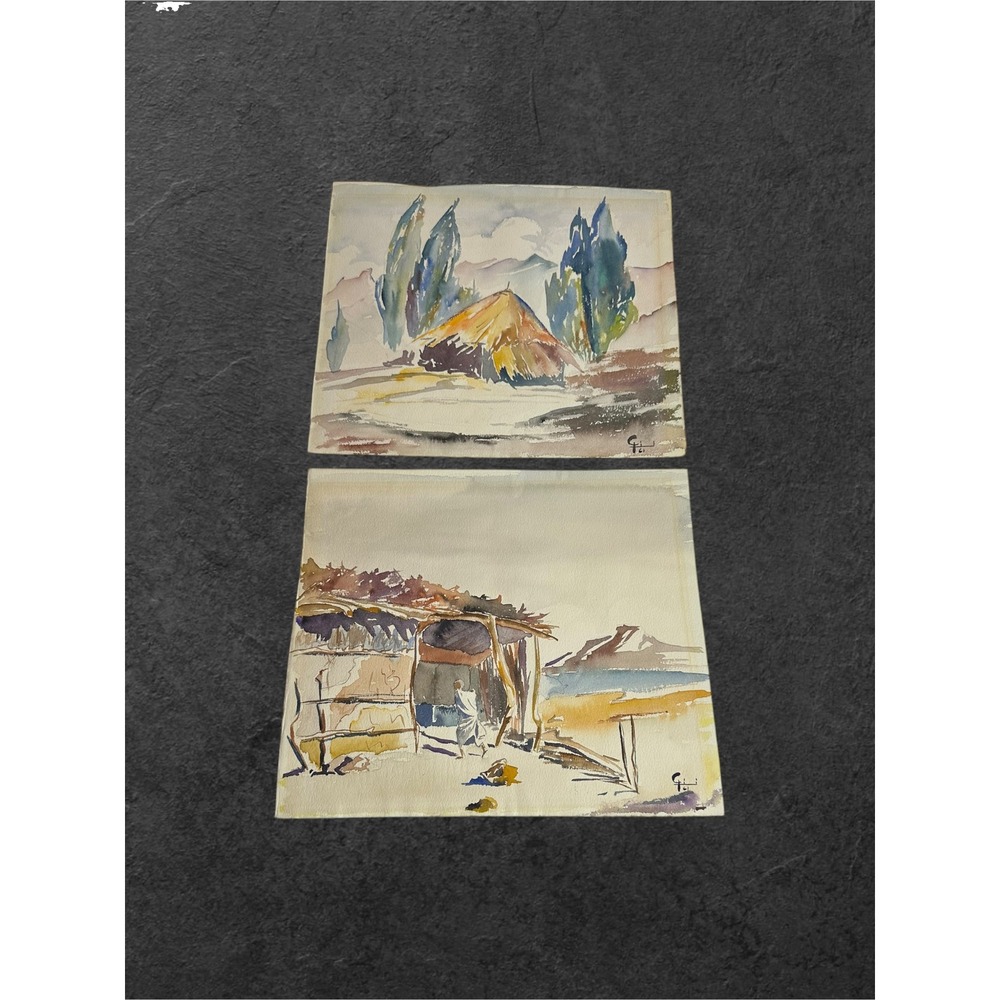 Vintage Signed Watercolor Landscape Paintings Set of 2 1961 MCM 9x10 Art